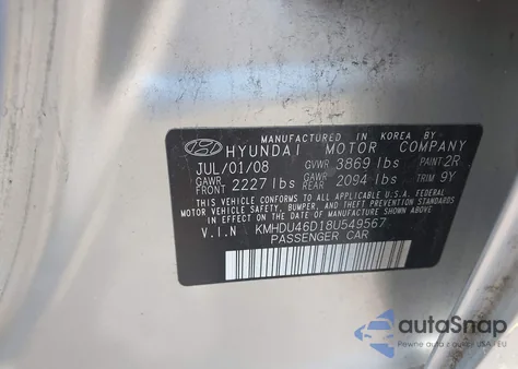 2008 Hyundai Elantra Gls/Se from USA, damaged, VIN KMHDU46D18U549567